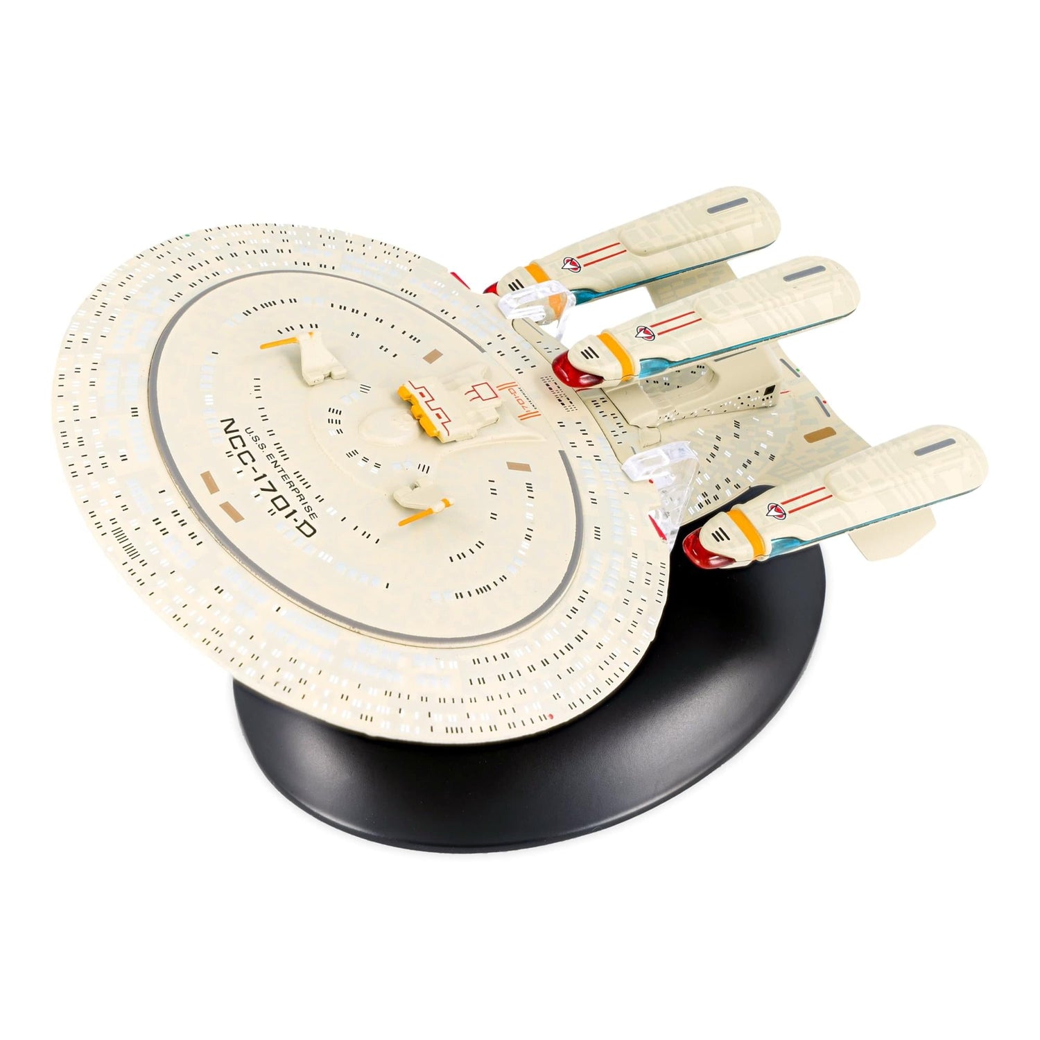 Front three-quarter view of the Eaglemoss USS Enterprise NCC-1701-D Dreadnought starship model displaying its saucer section and warp nacelles