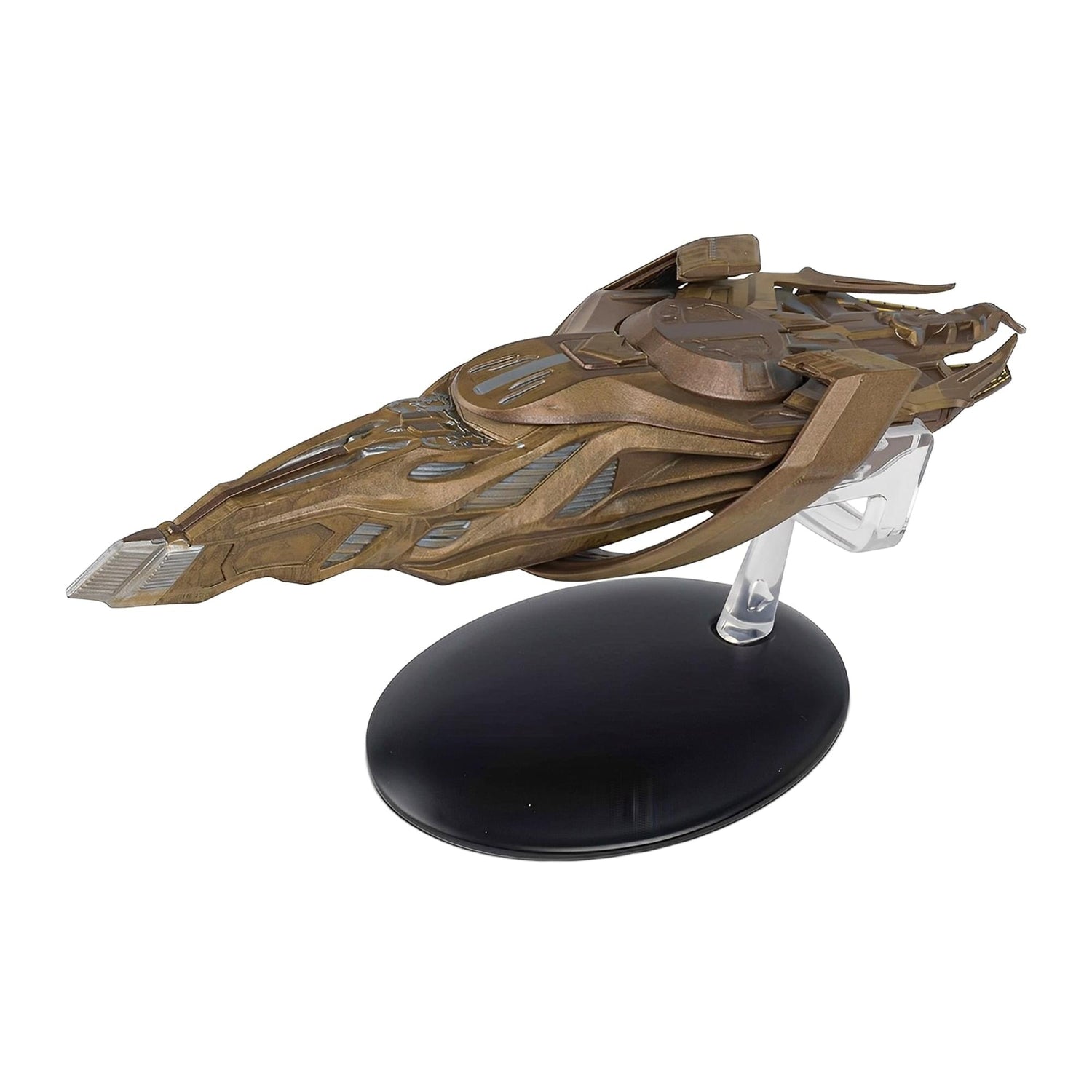 Front three-quarter view of the Eaglemoss Star Trek Discovery Vulcan Cruiser die-cast model on a display stand