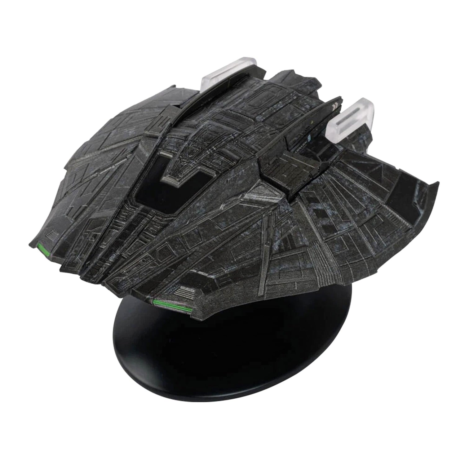 Front angle view of the Eaglemoss Star Trek: Picard Narek's Snakehead diecast ship replica mounted on a display stand