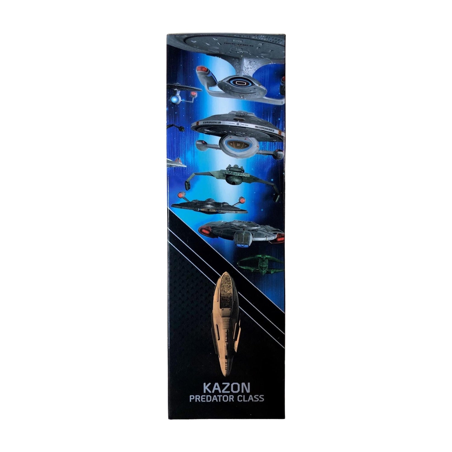 Close-up shot of the display base and plaque identifying the Kazon Predator Class from the Star Trek starship collection.