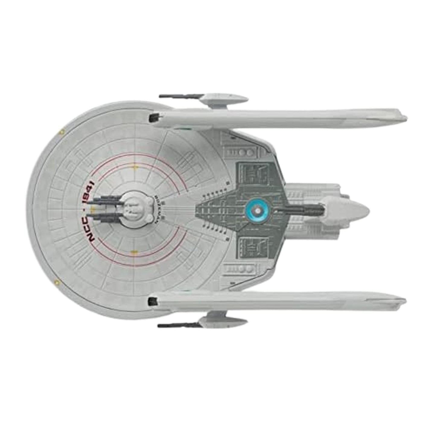 Top-down view highlighting the hull plating and navigational deflector details of the Starfleet Bozeman replica