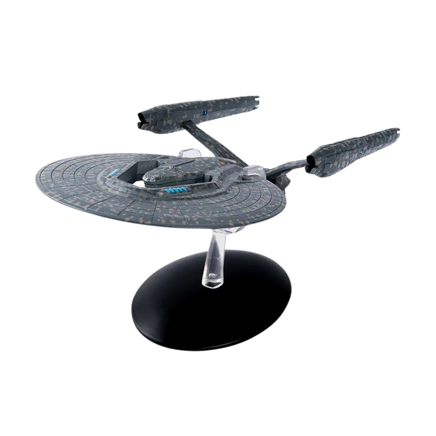 Front three-quarter view of the USS Vengeance starship replica, showing its sleek dark hull and aggressive swept-back nacelles