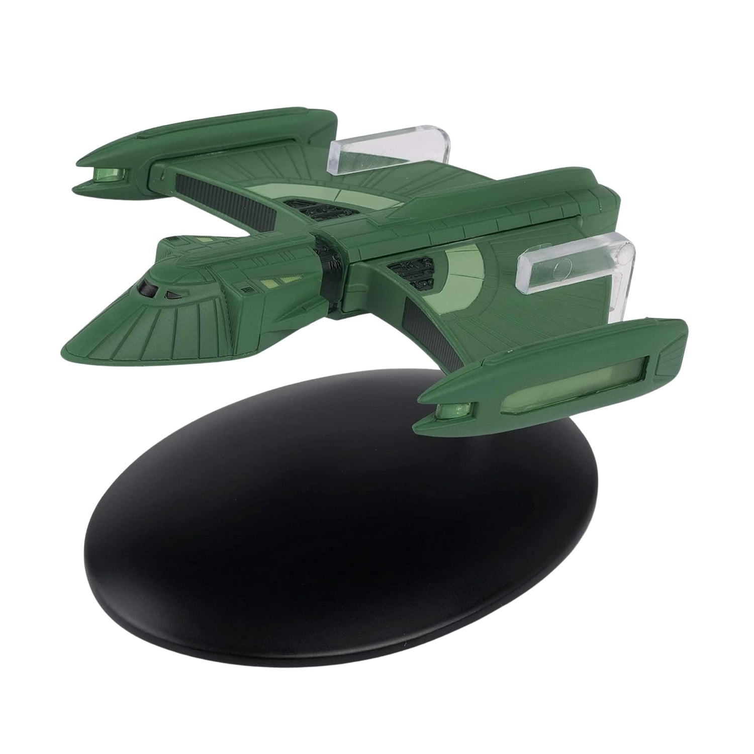 Front three-quarter view of the Romulan Scout starship replica resting on its display base, showing its sleek aerodynamic hull and distinctive Romulan markings.