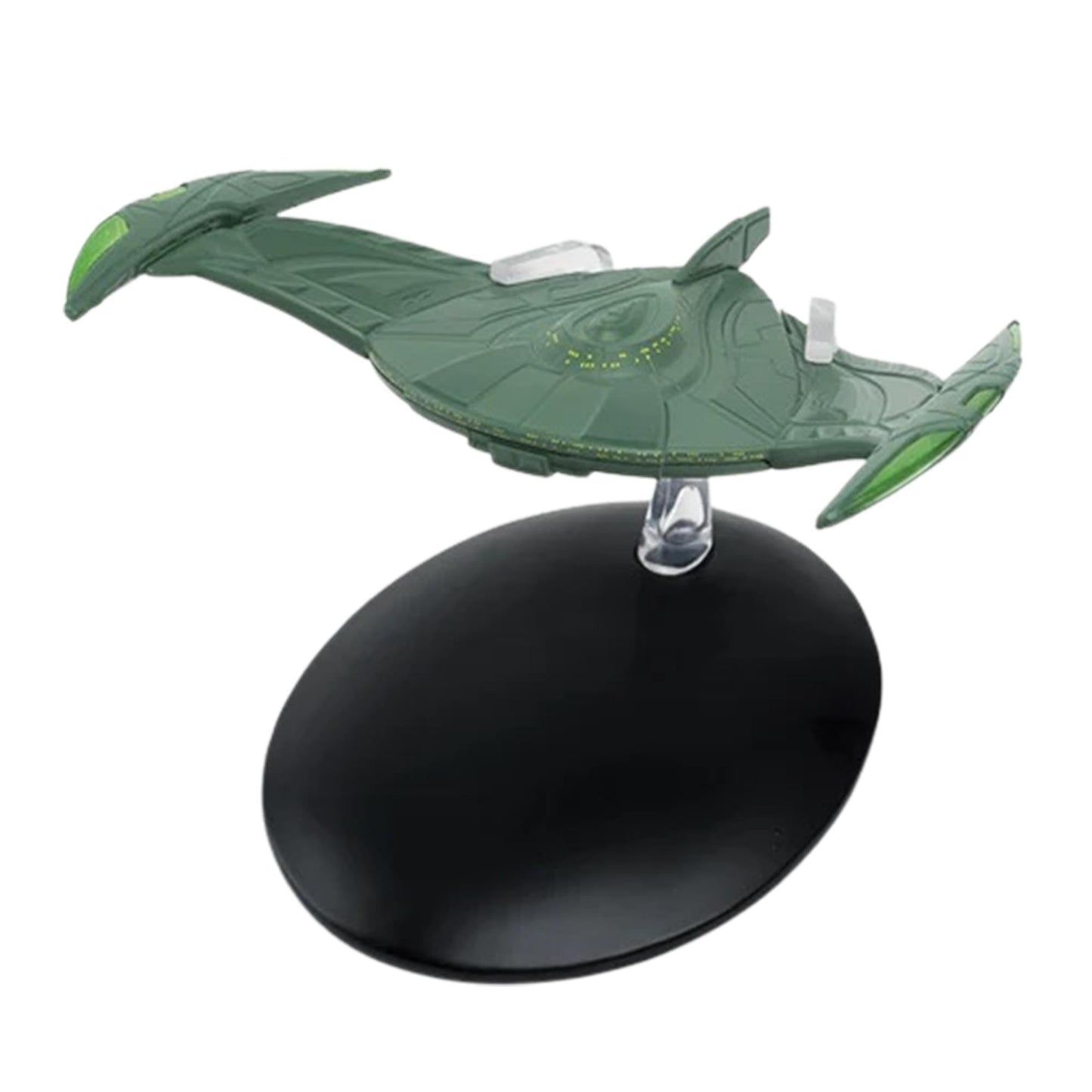Top-down angle of the starship model highlighting the painted Romulan bird insignia across the wingspan
