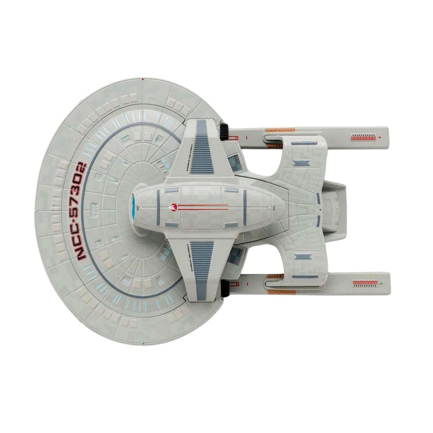 Close-up detail shot of the hand-painted hull registry markings and aztec pattern on the starship saucer section