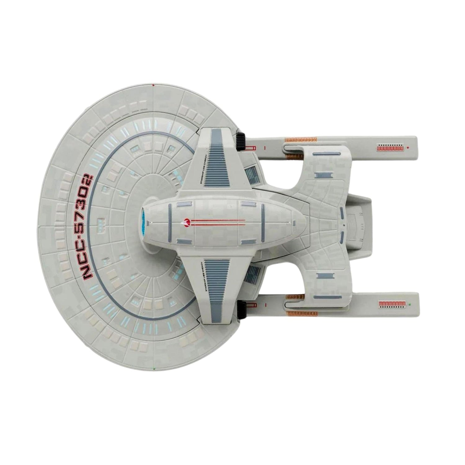 Close-up detail shot of the hand-painted hull registry markings and aztec pattern on the starship saucer section