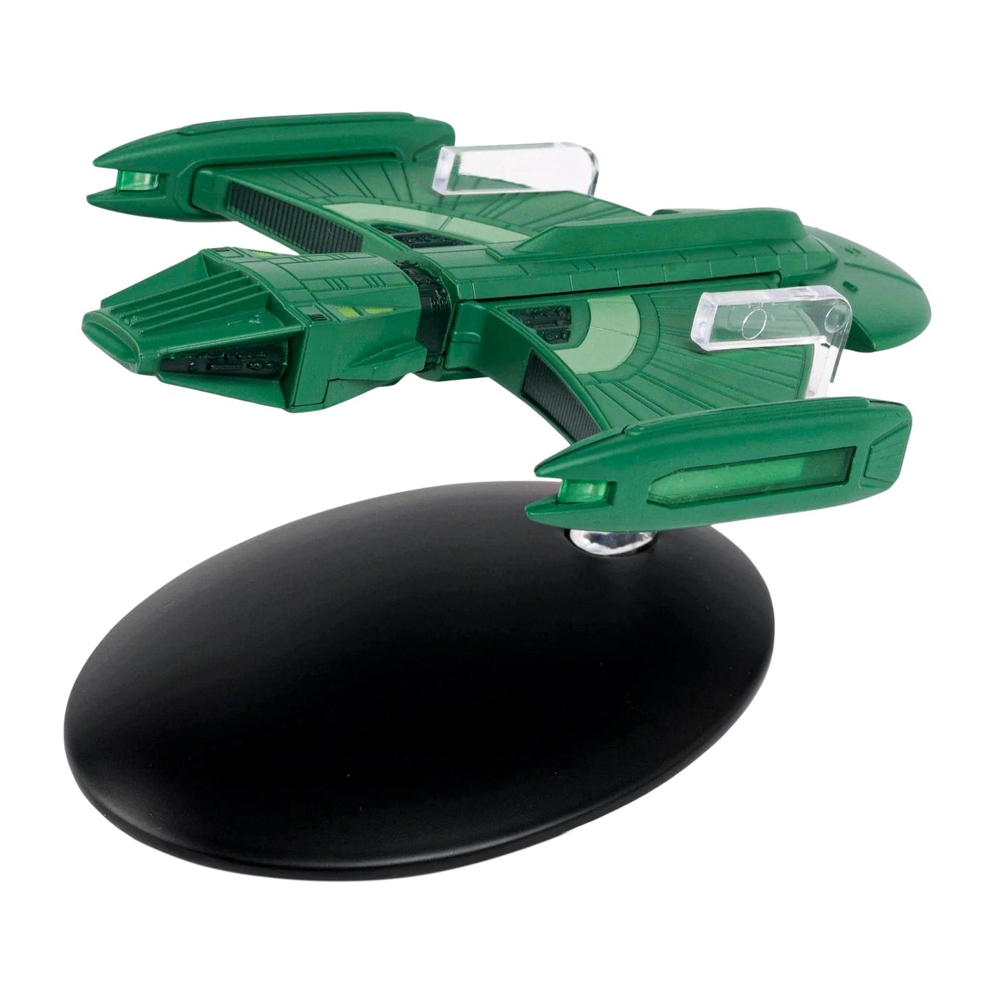 Front three-quarters view of the Eaglemoss Romulan science vessel starship replica showing its unique hull geometry and green finish