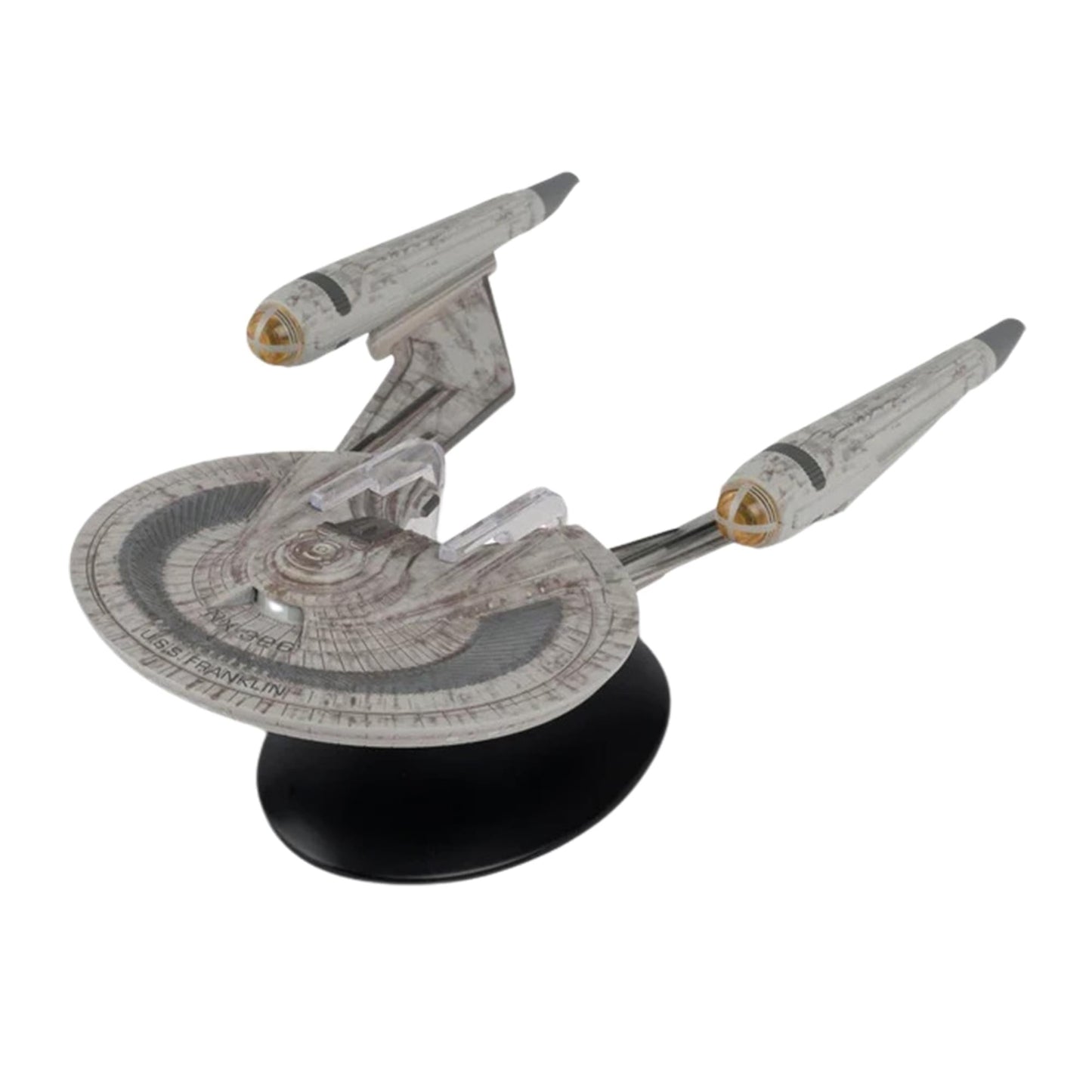 Rear view of the USS Franklin collectible showing the impulse engines and warp nacelle assembly
