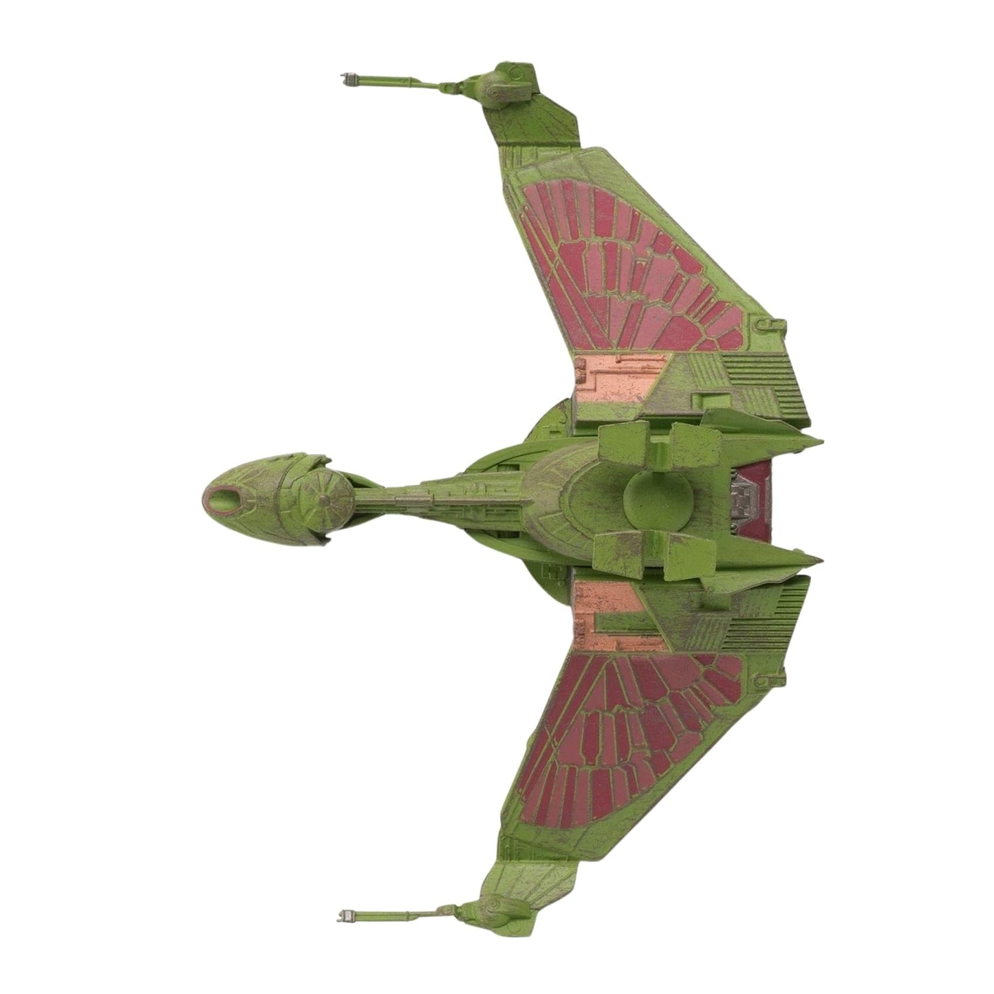 Perspective angle emphasizing the sweeping wing span of the landed warship replica