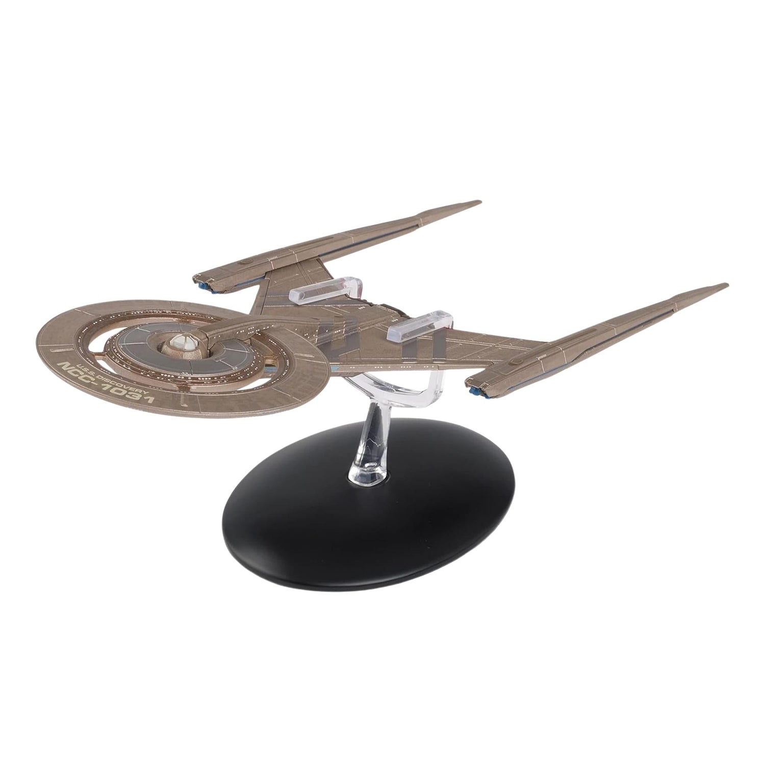 Close-up detail shot of the die-cast metal saucer section on the U.S.S. Discovery starship