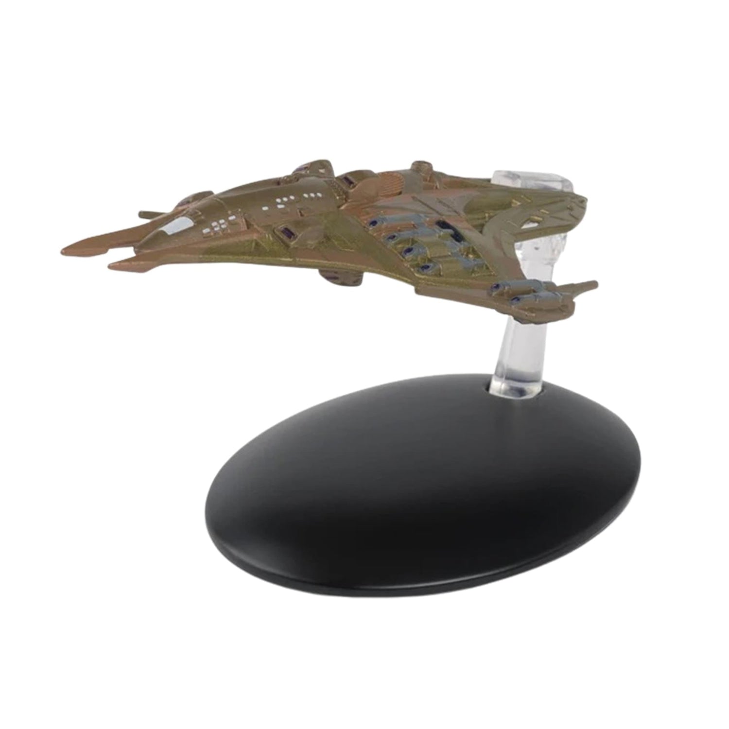 Die-cast Lokirrim Fighter starship replica mounted on a black display stand