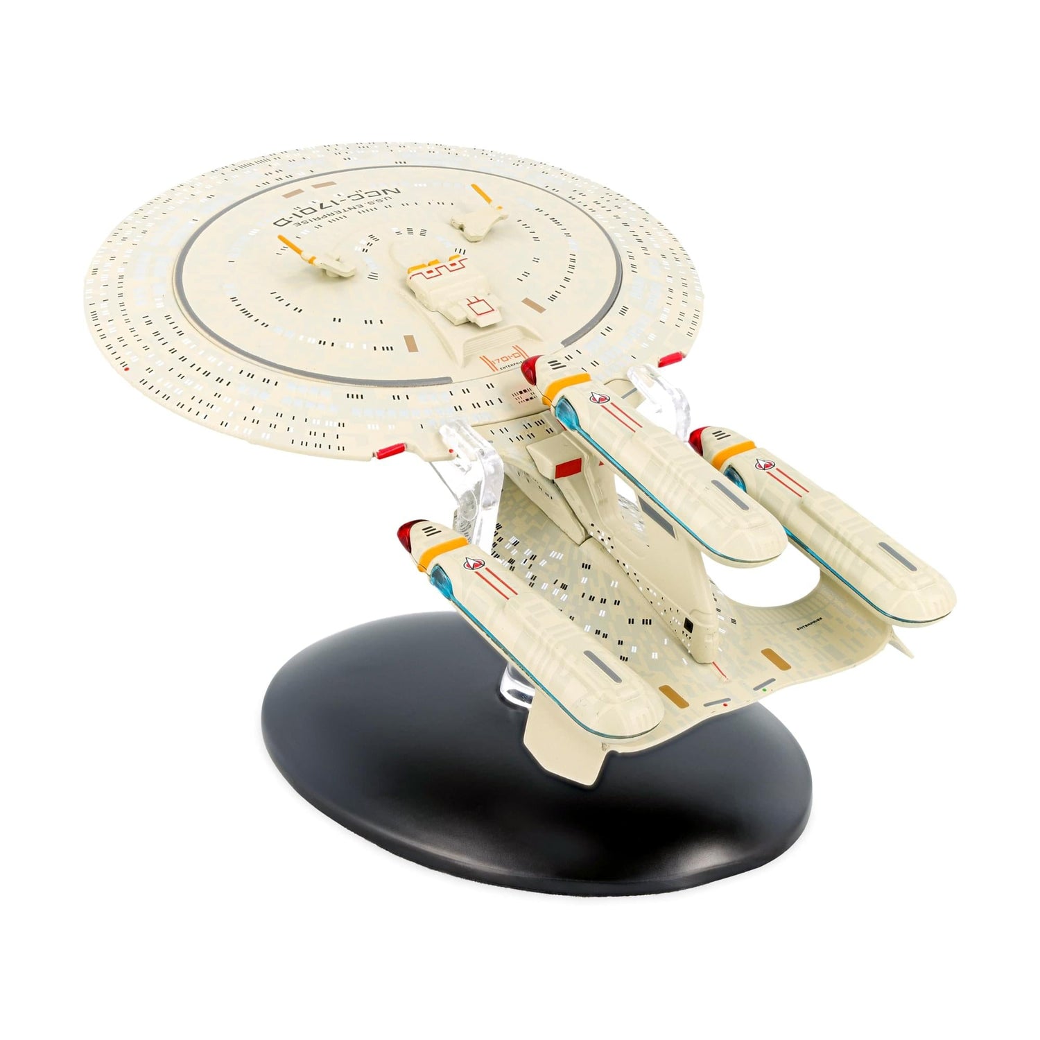 Rear view of the die-cast starship model highlighting the impulse engines and secondary hull construction