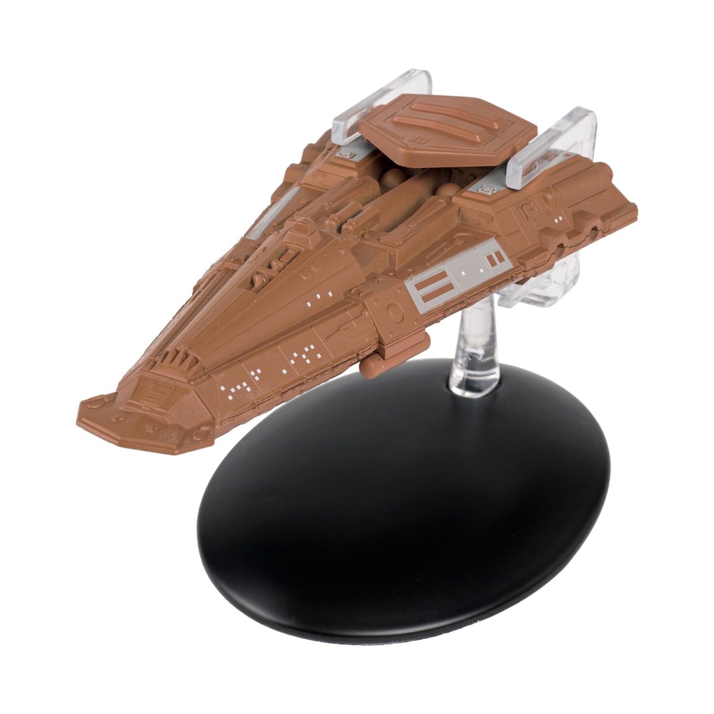 Side profile of the Bajoran Freighter starship collectible resting on its official display base