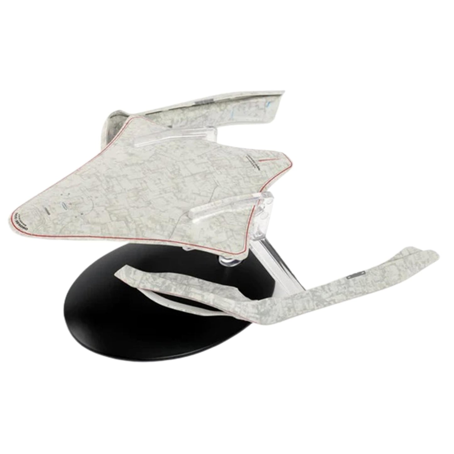 Angled profile shot of the U.S.S. Liu Cixin starship mounted on a display stand