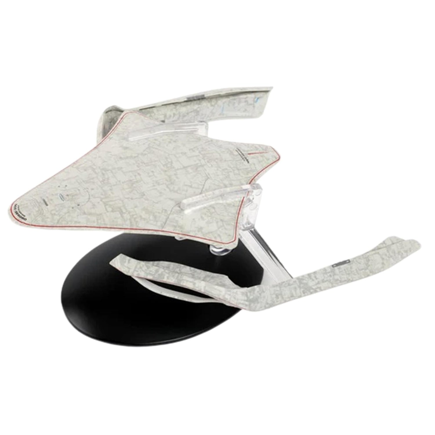 Angled profile shot of the U.S.S. Liu Cixin starship mounted on a display stand