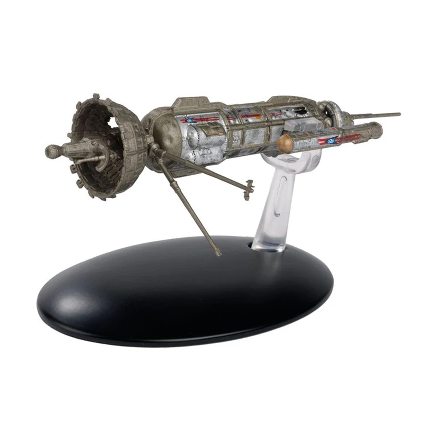 Close-up shot of the Friendship One starship display base and metallic hull finish