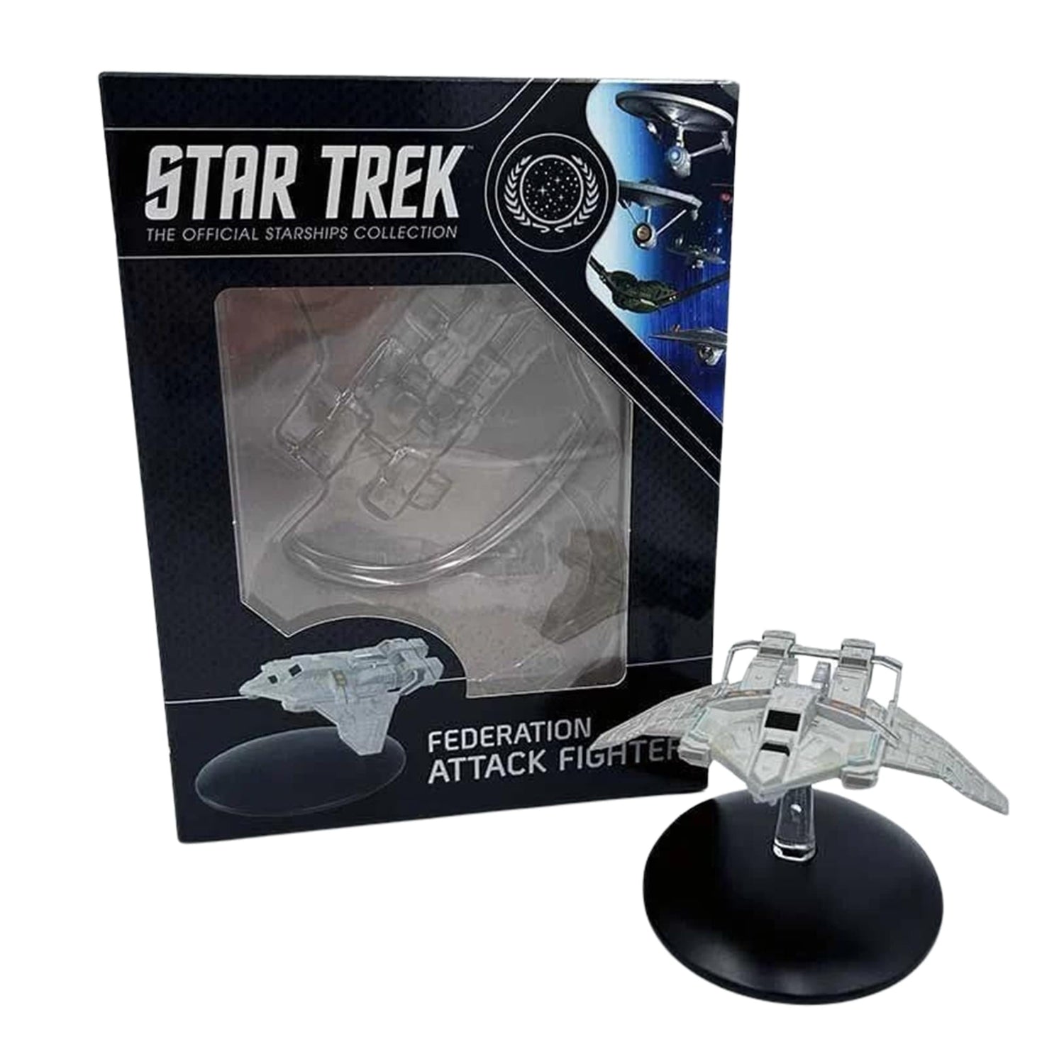 Underside view of the Federation Fighter collectible showcasing structural plating and docking ports