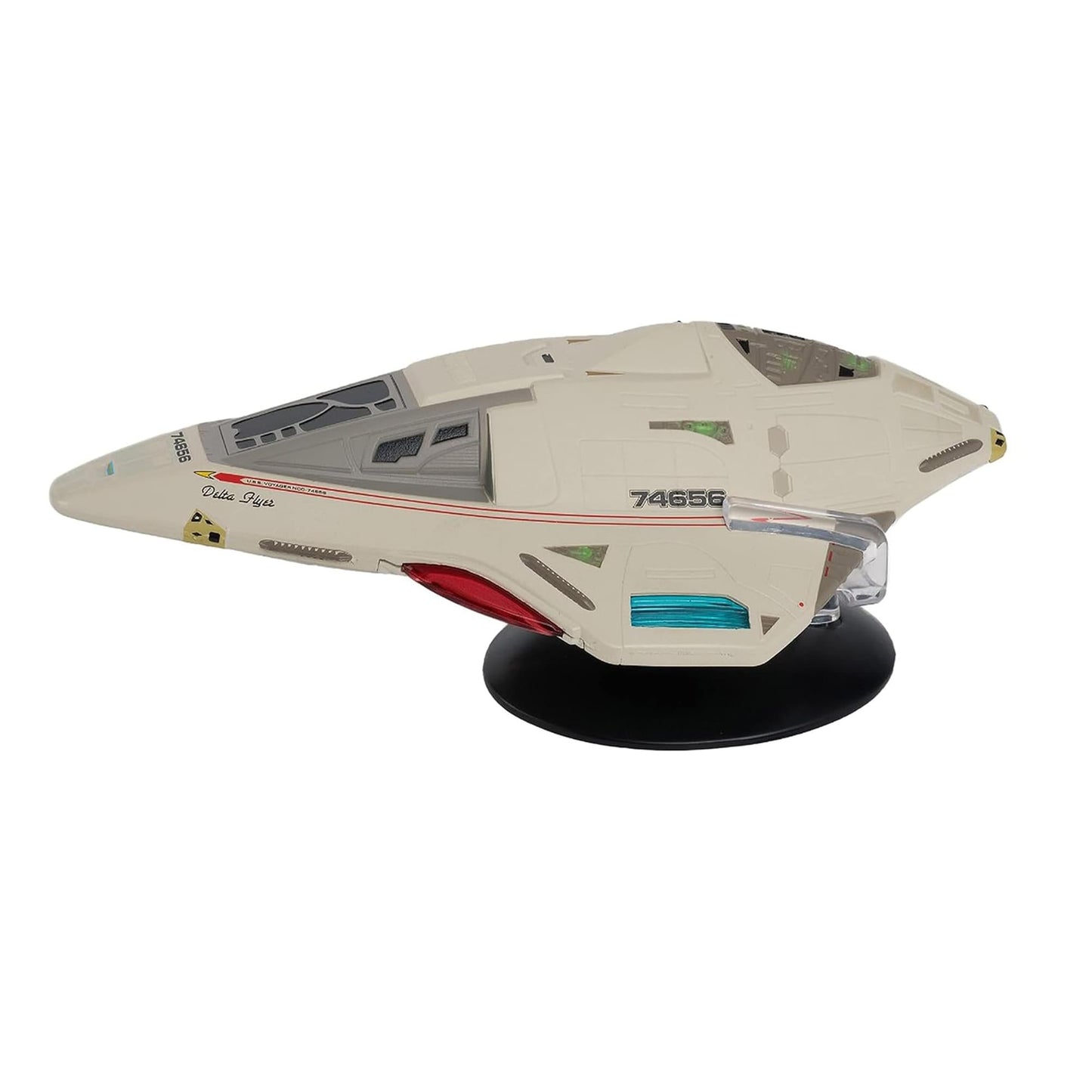 Top-down view highlighting the intricate hull paneling and warp nacelles of the Delta Flyer