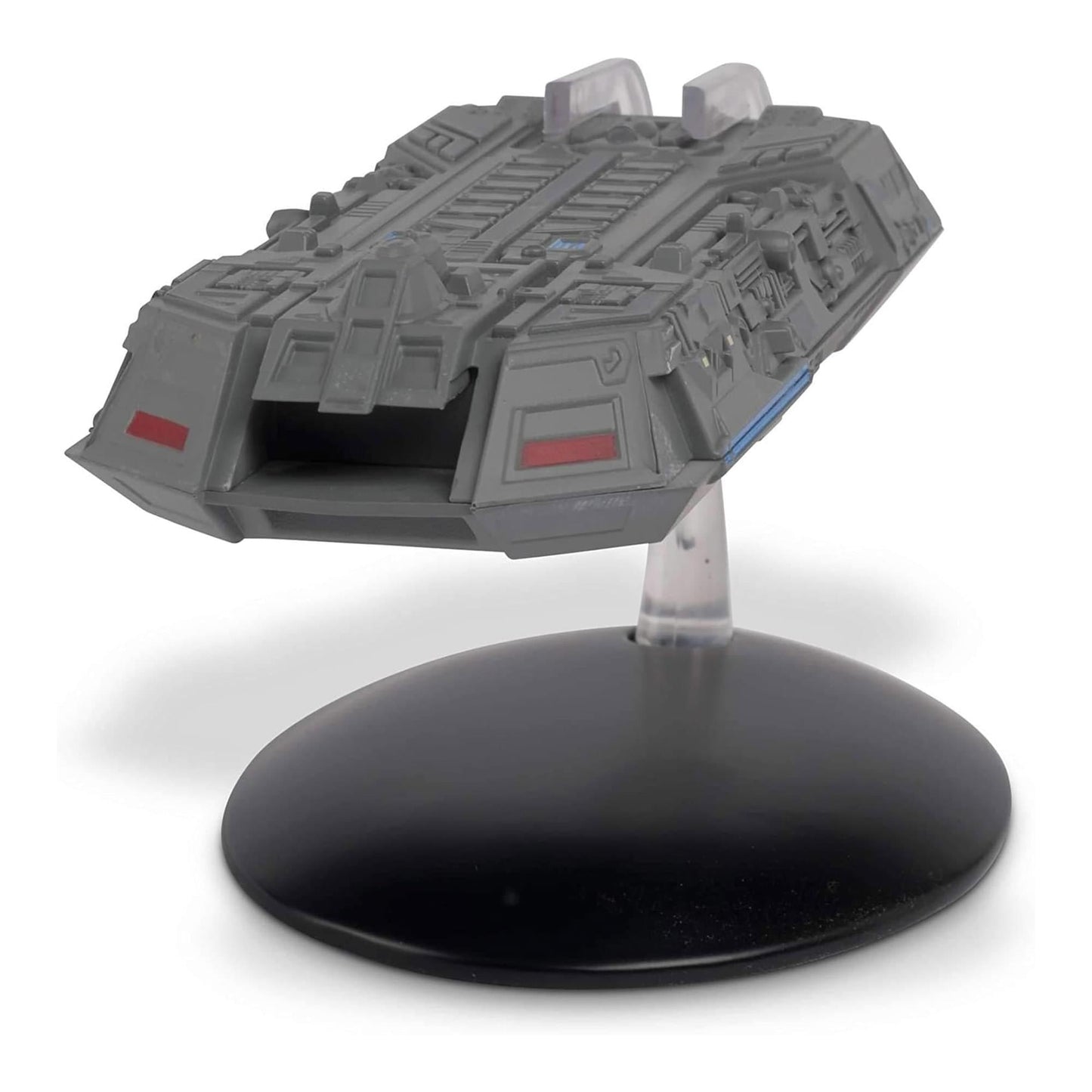 Profile view of the Federation Holoship replica, displaying the sleek lines and Starfleet insignia accents along the vessel.
