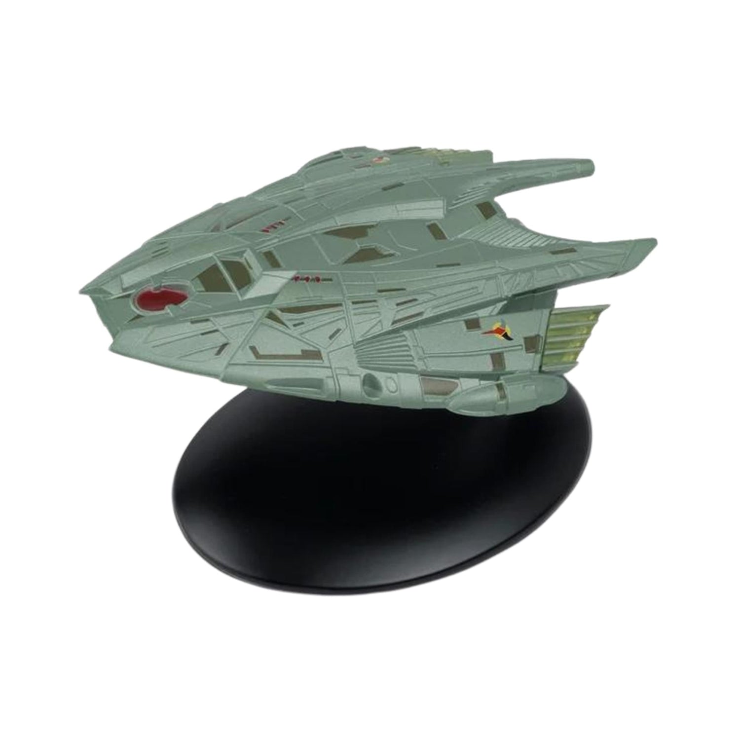 Side profile view of the Klingon Transport replica on its display stand, showcasing its sleek vertical geometry