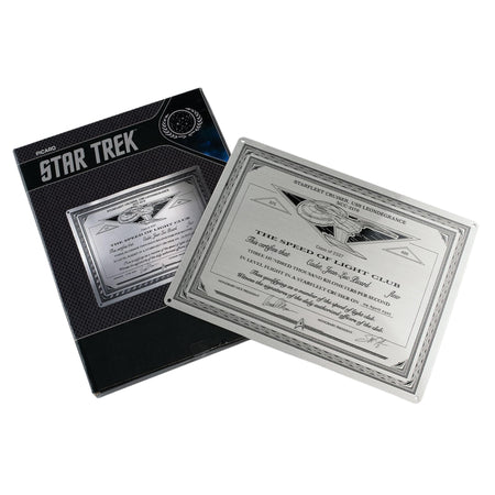 Close-up view of the detailed metallic finish and lettering on the Star Trek: Picard metal plaque replica