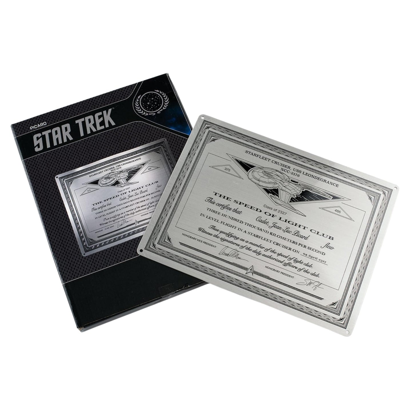 Close-up view of the detailed metallic finish and lettering on the Star Trek: Picard metal plaque replica