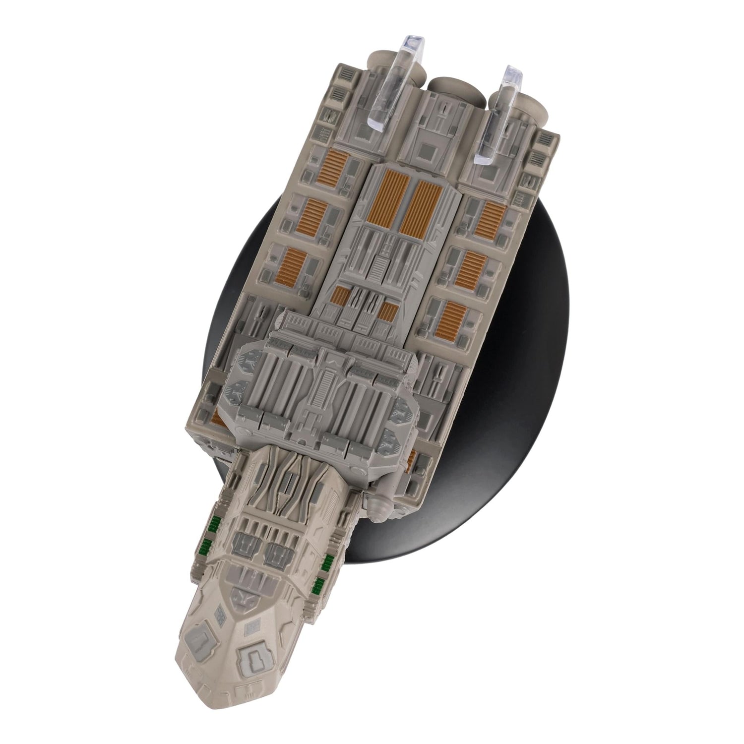 Port side angle of the SS Xhosa starship model emphasizing its sleek lines and durable construction