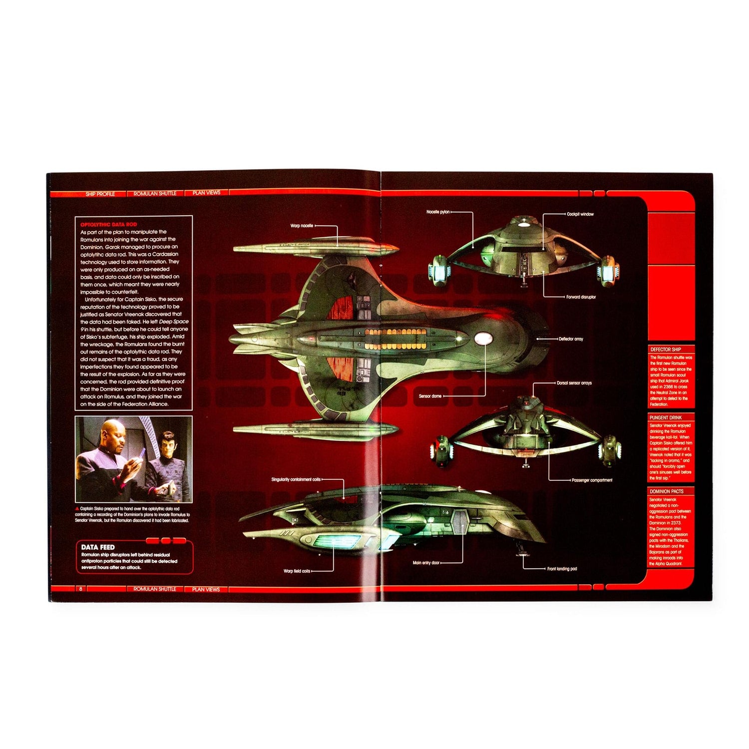 Interior spread showing detailed technical schematics and full-color illustrations of the Romulan shuttlecraft interior and exterior layout
