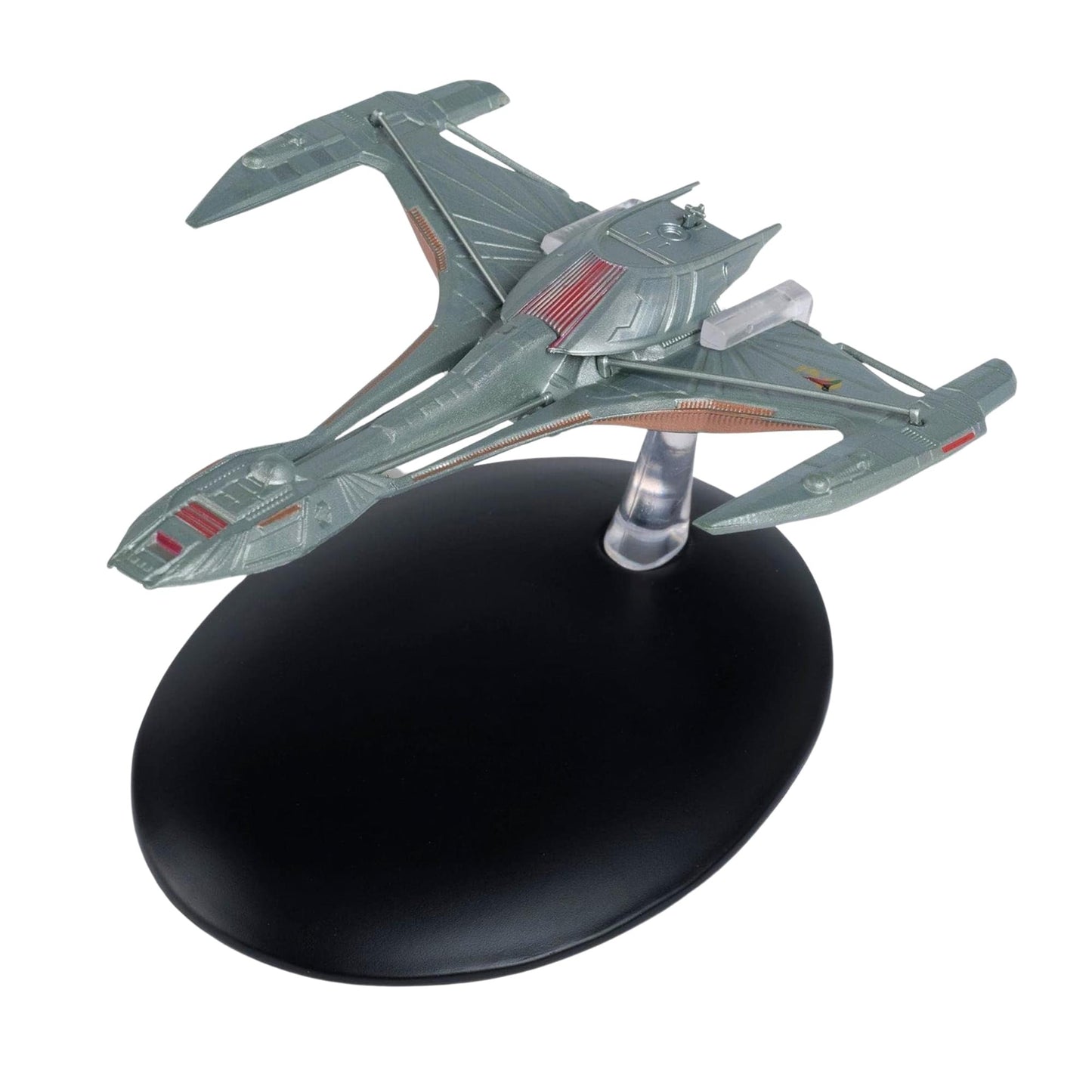 Angle view of the die-cast Klingon Raptor starship replica displaying its detailed hull and swept-back wing design