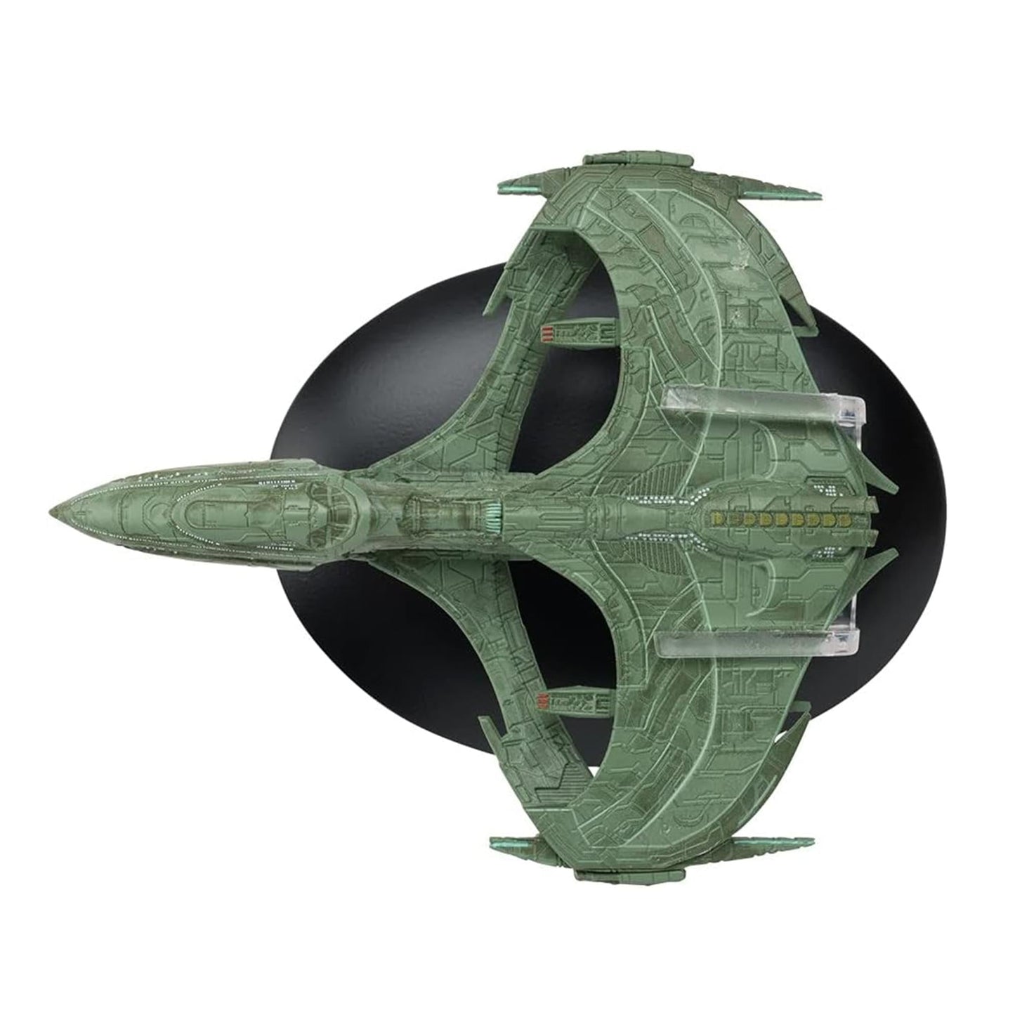 Front-facing angle of the Star Trek Romulan warbird model on its display stand