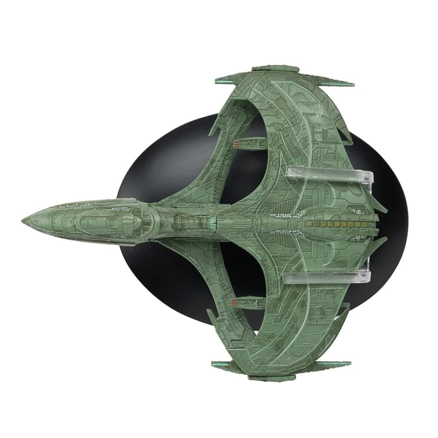 Front-facing angle of the Star Trek Romulan warbird model on its display stand