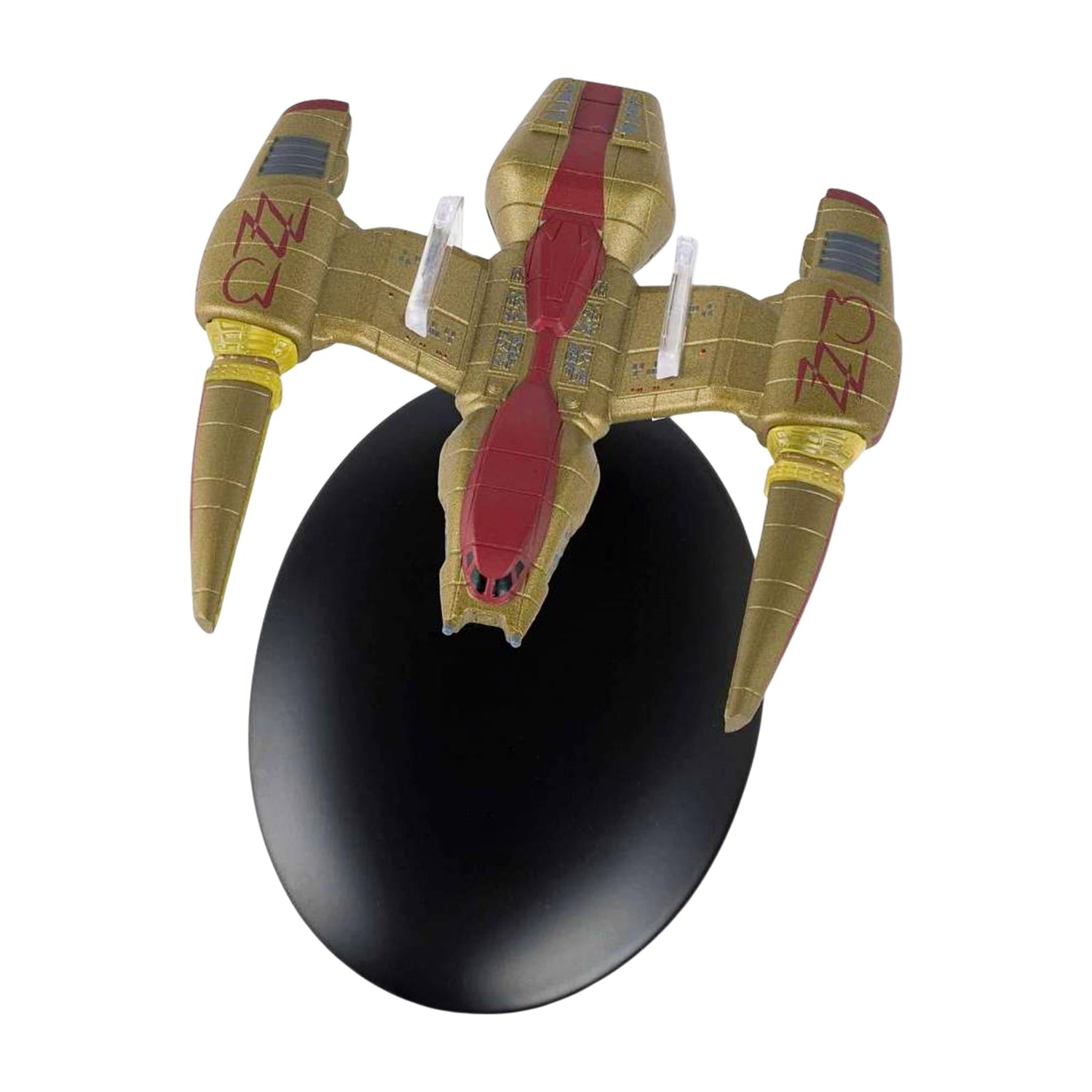 Side profile of the Star Trek starship model mounted securely on its included black display base