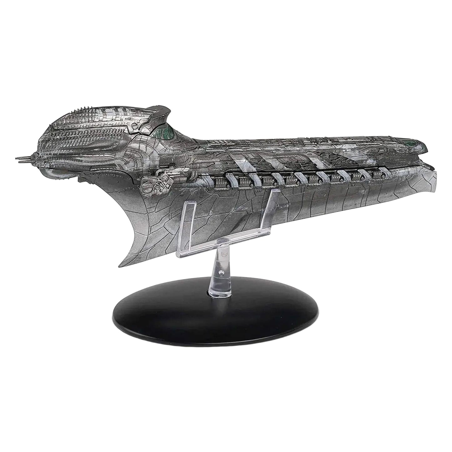 Port side angle view of the die-cast Klingon Cleave starship replica resting on a display base