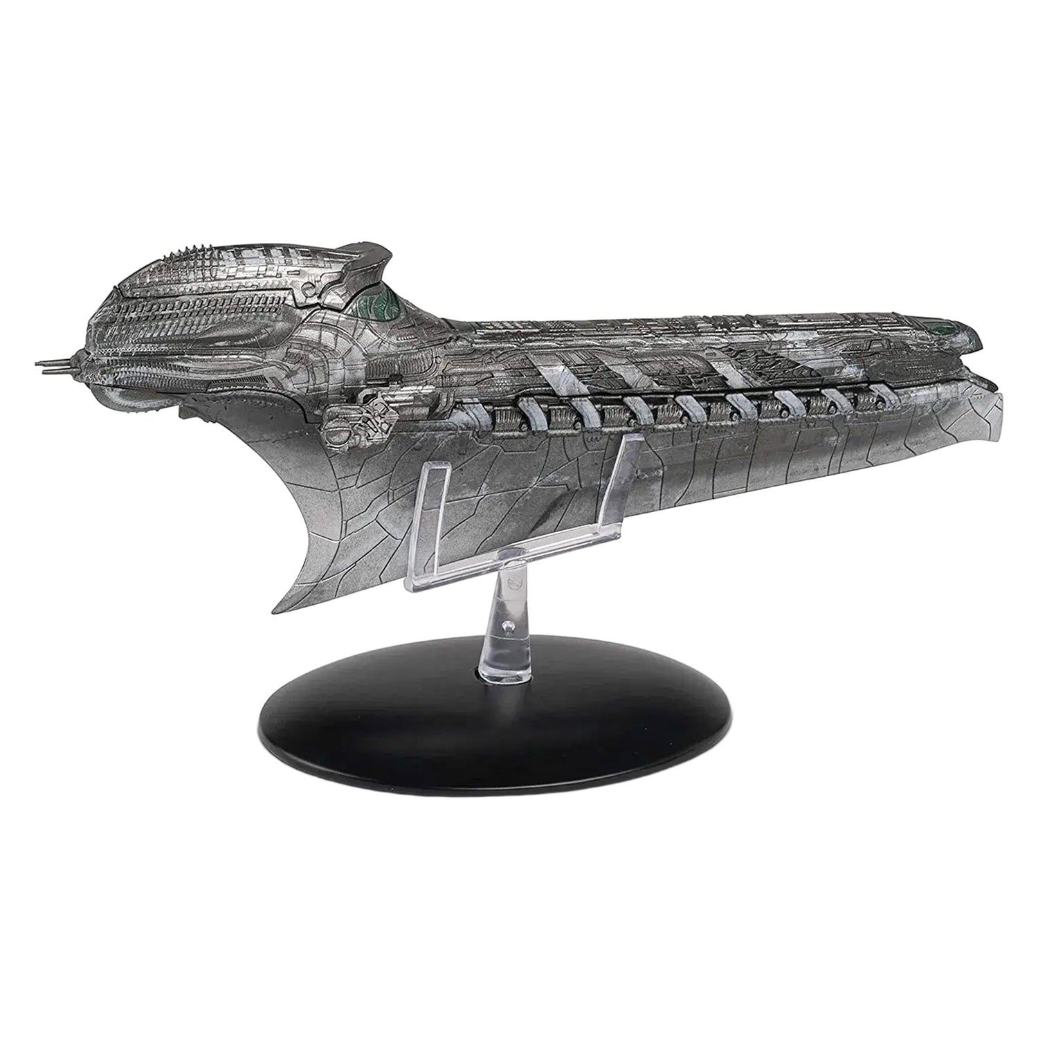 Port side angle view of the die-cast Klingon Cleave starship replica resting on a display base