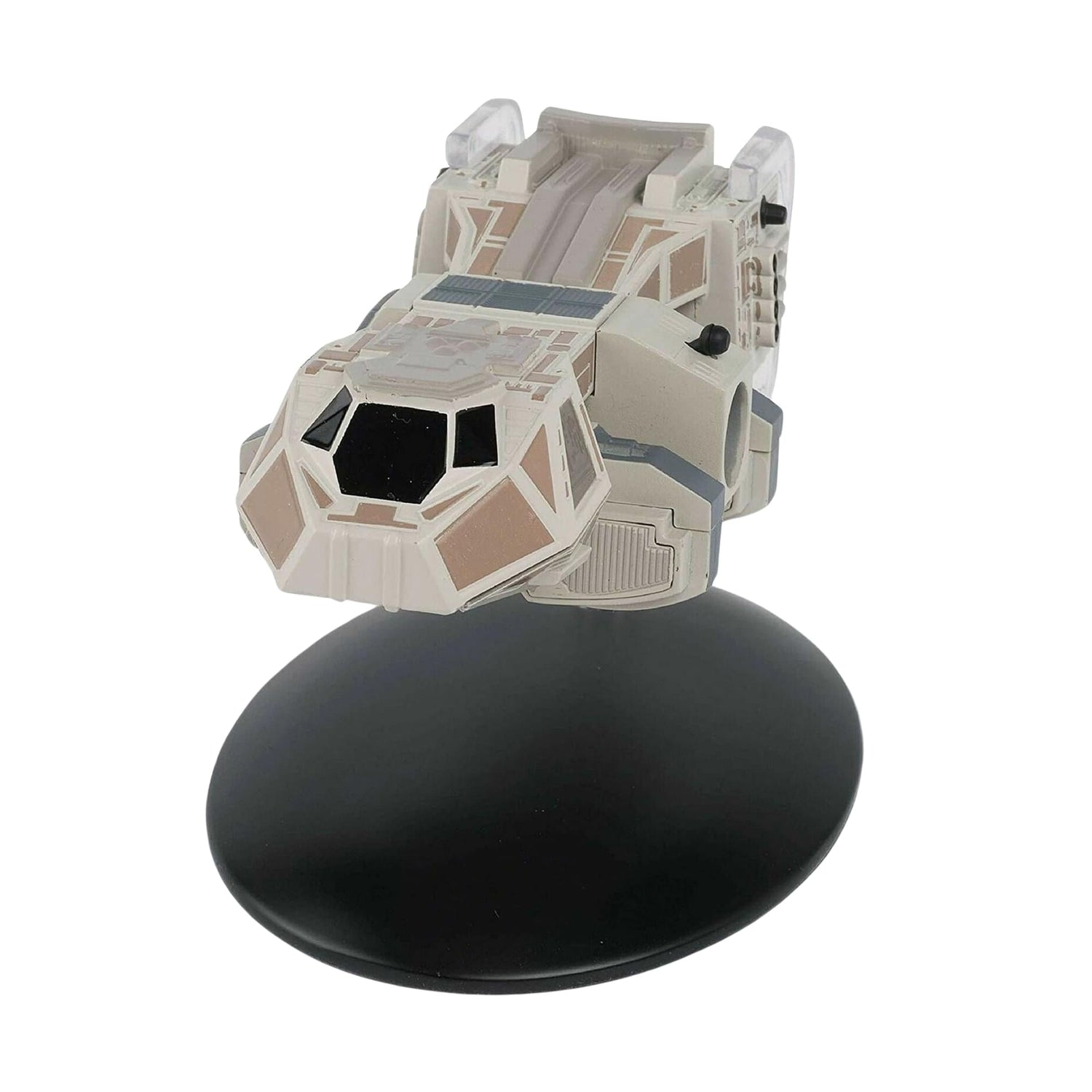 Top-down view of the Baxial starship replica displaying its weathered orange and gray hull plating