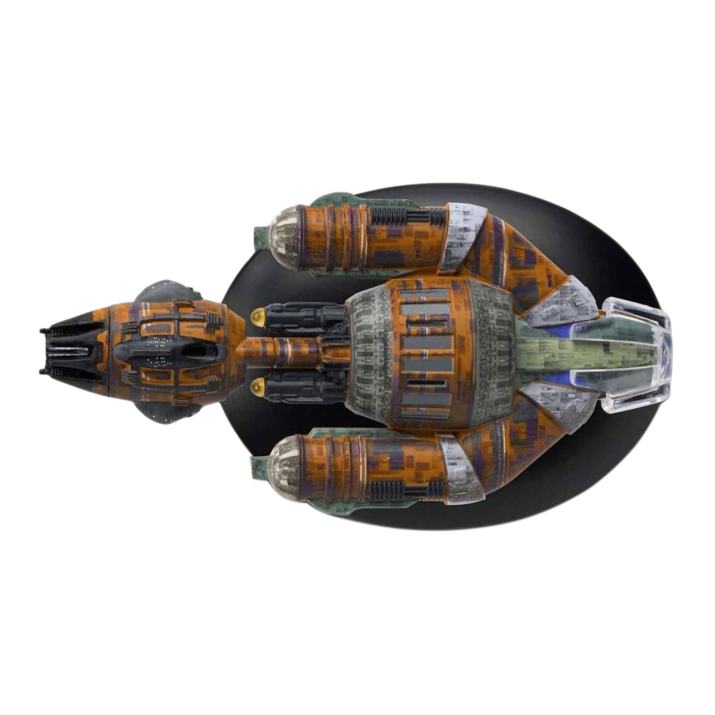 Angle shot of the Krenim Warship mounted on its branded Star Trek display stand