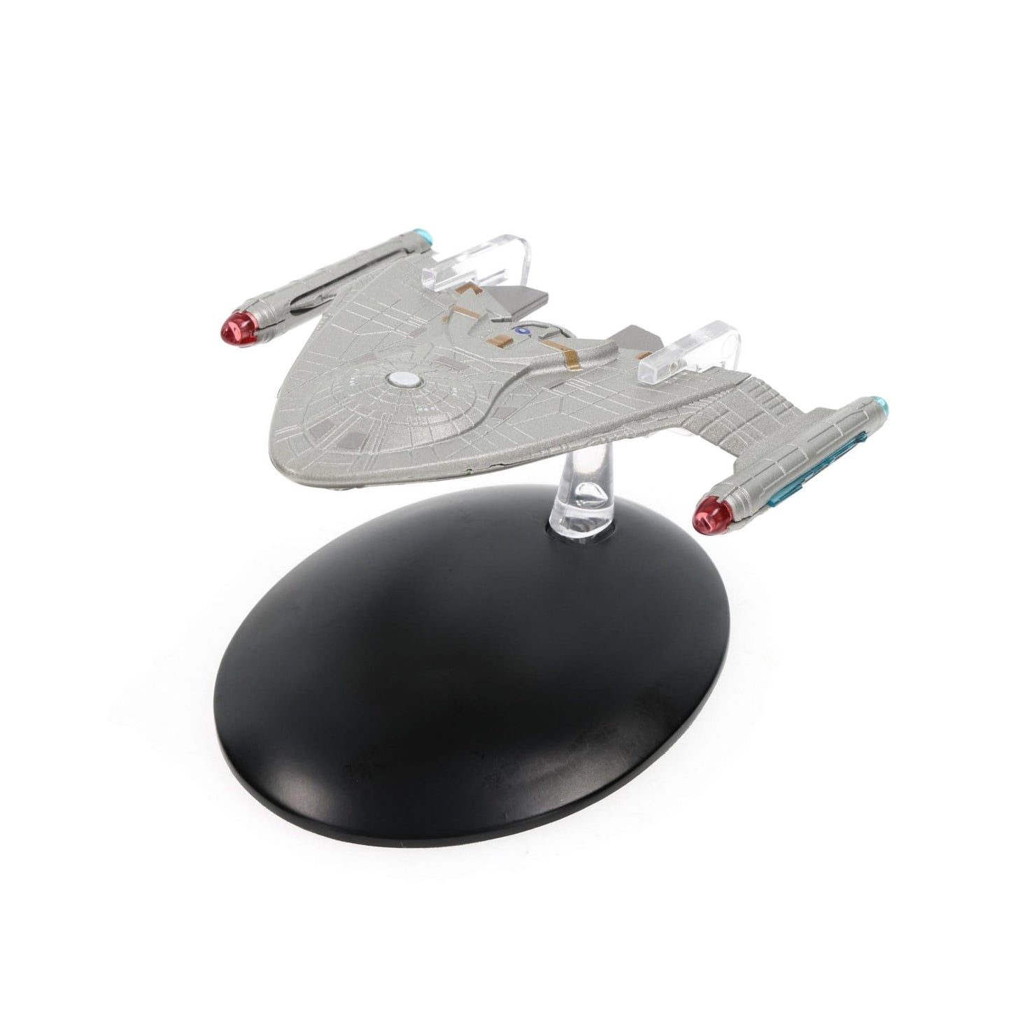 Close-up of the Starfleet Warp Delta insignia and hull detailing on the die-cast model