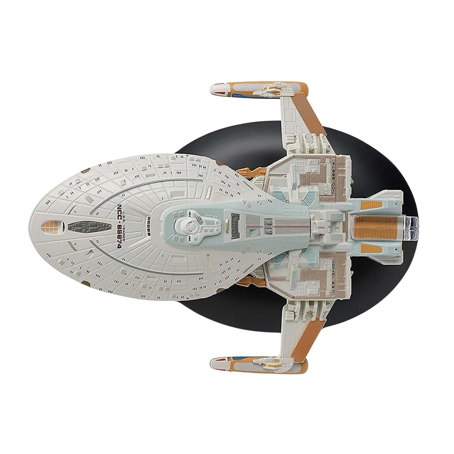 Close-up detail shot of the hand-painted bridge and registry markings on the starship hull