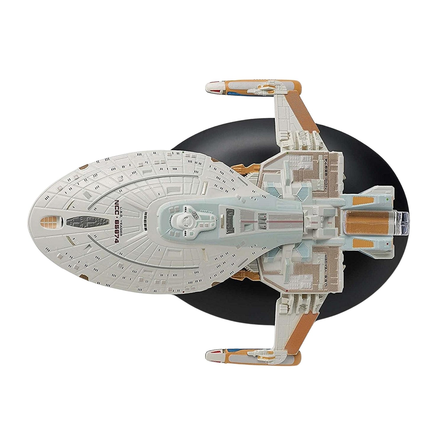 Close-up detail shot of the hand-painted bridge and registry markings on the starship hull