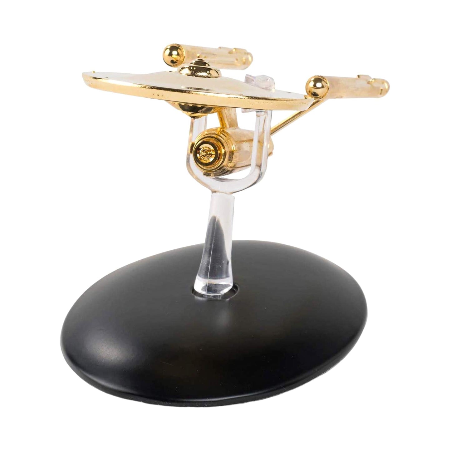 Angle shot of the Star Trek ship replica mounted on its display stand