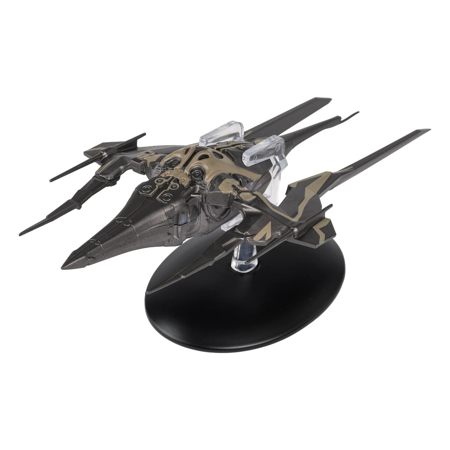 Three-quarter front view of the Eaglemoss Altamid Swarm Ship die-cast model resting on a branded Star Trek display base