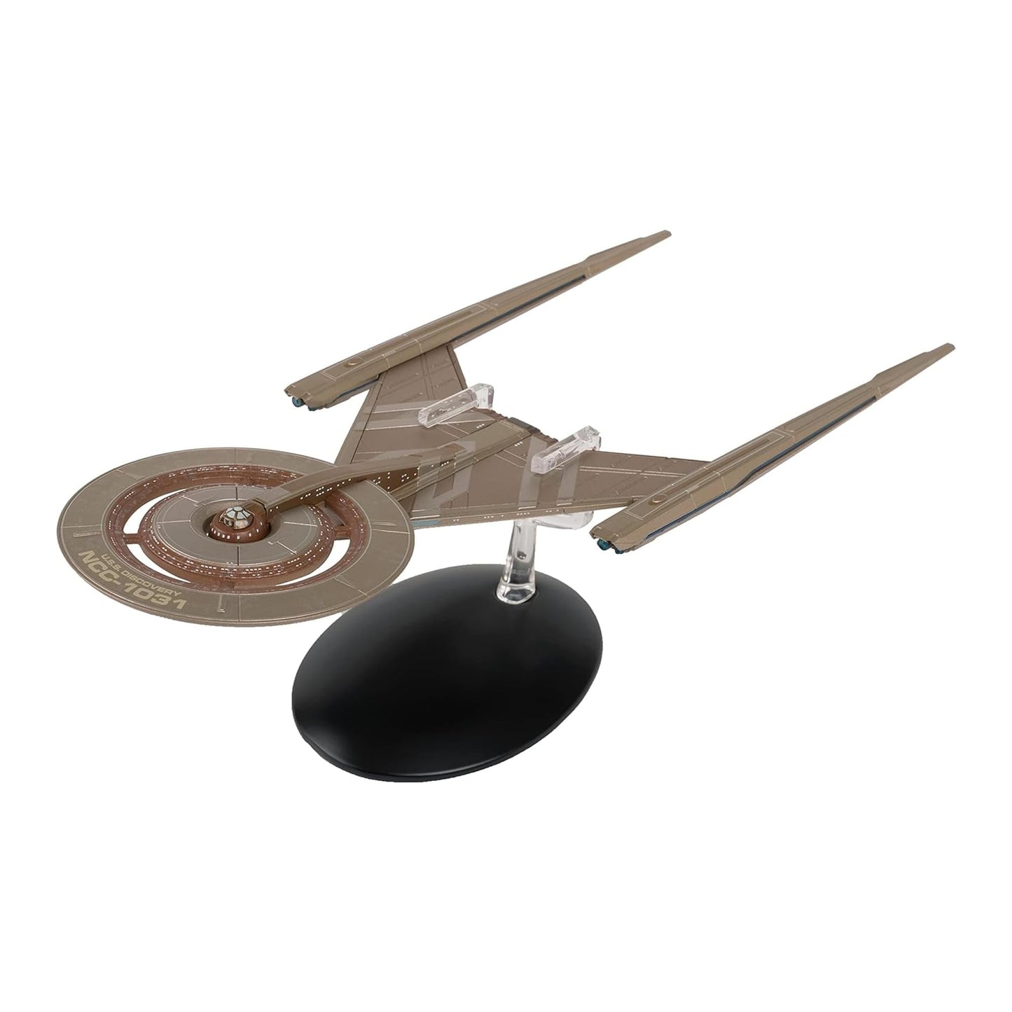 Front quarter view of the U.S.S. Discovery XL starship replica showing its distinctive saucer section and elongated hull