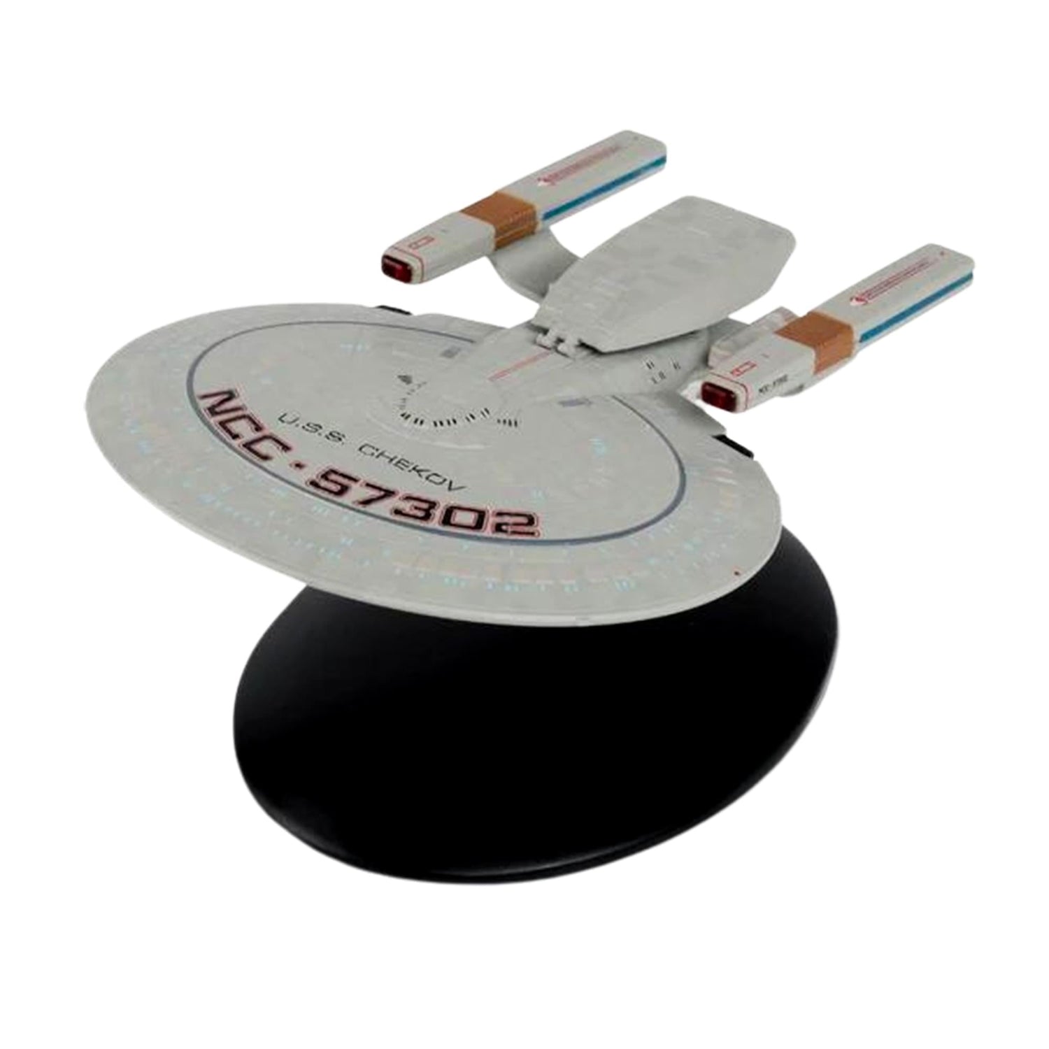 Starboard side view of the Springfield class model resting on its branded display stand