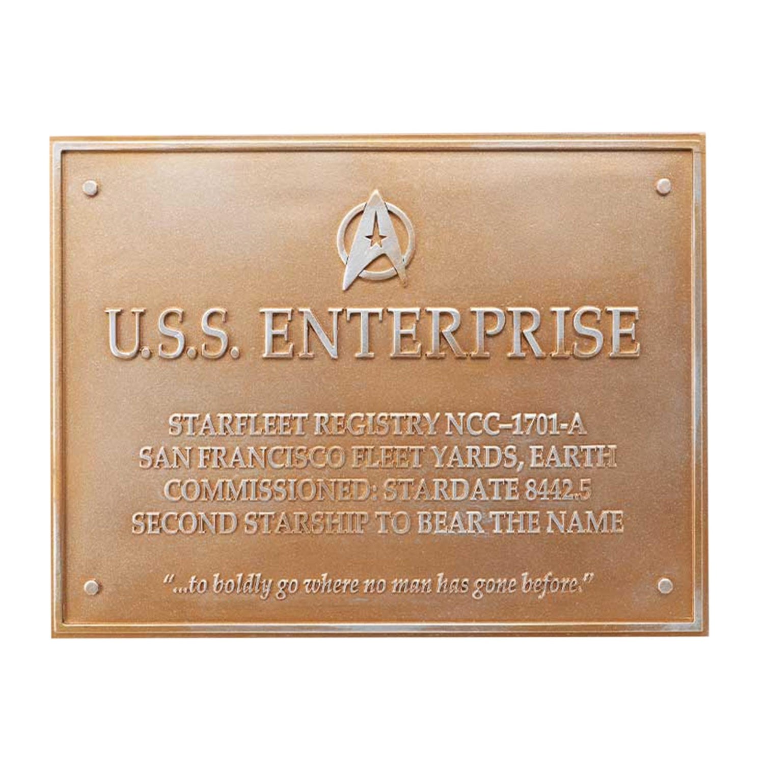 Eaglemoss replica of the USS Enterprise NCC-1701-A dedication plaque mounted on a wall