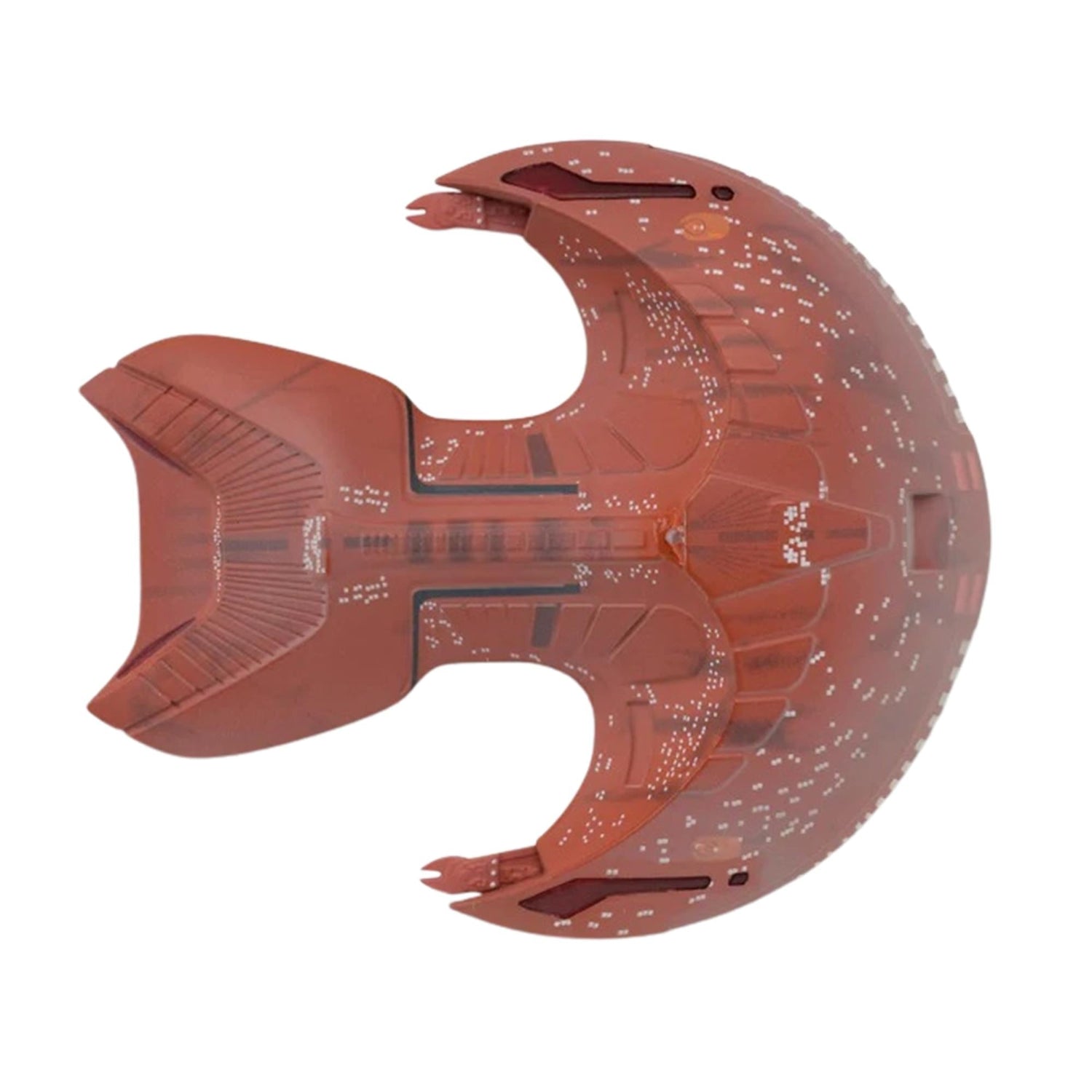 Close-up detail shot of the hand-painted hull textures and metallic coloration on the Ferengi vessel
