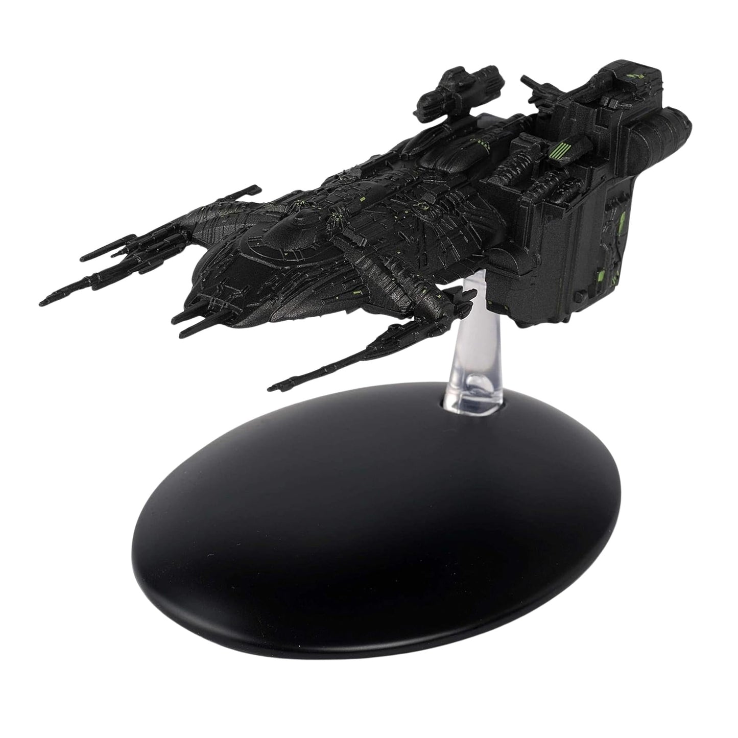 Side profile of the Star Trek collectible ship resting on its display stand