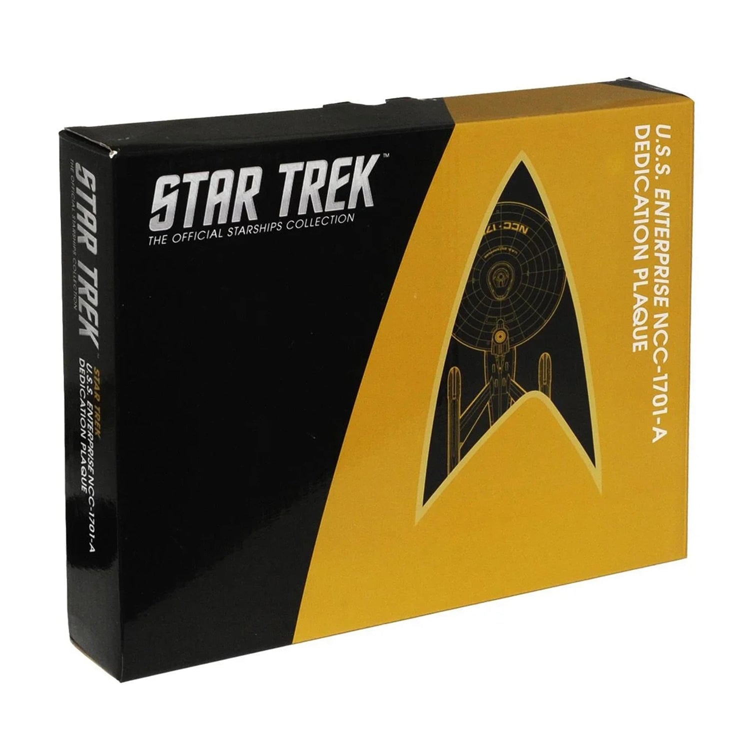 Close-up angle showing the metallic finish and engraved lettering of the starship dedication plaque