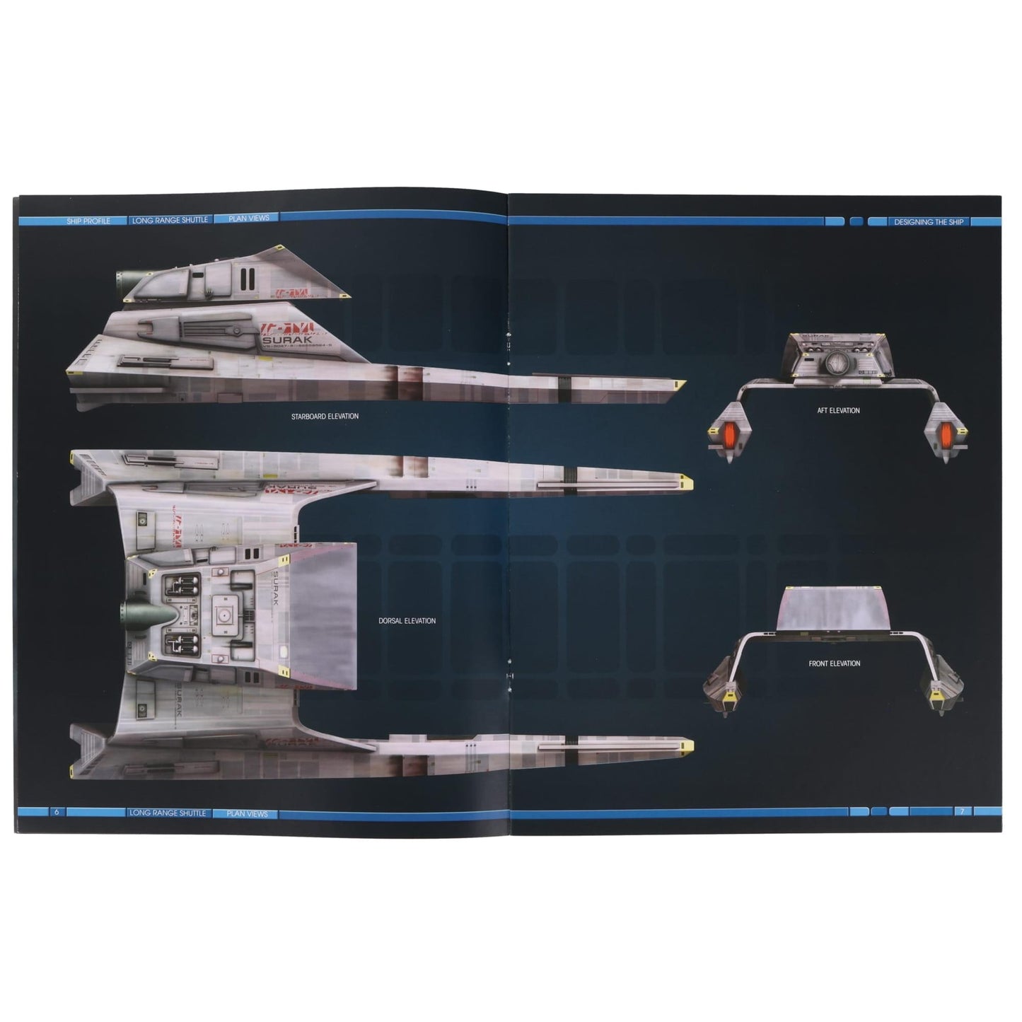 Detailed interior page spread showing orthographic schematics and design blueprints of the shuttle