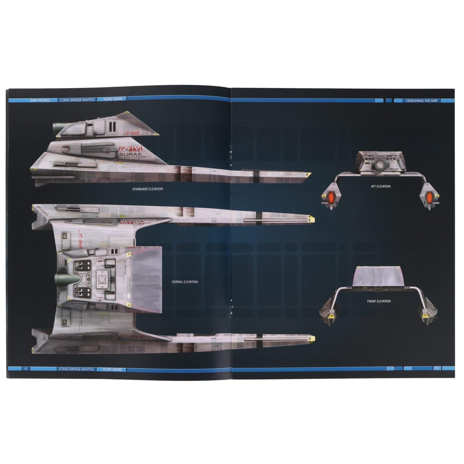 Detailed interior page spread showing orthographic schematics and design blueprints of the shuttle
