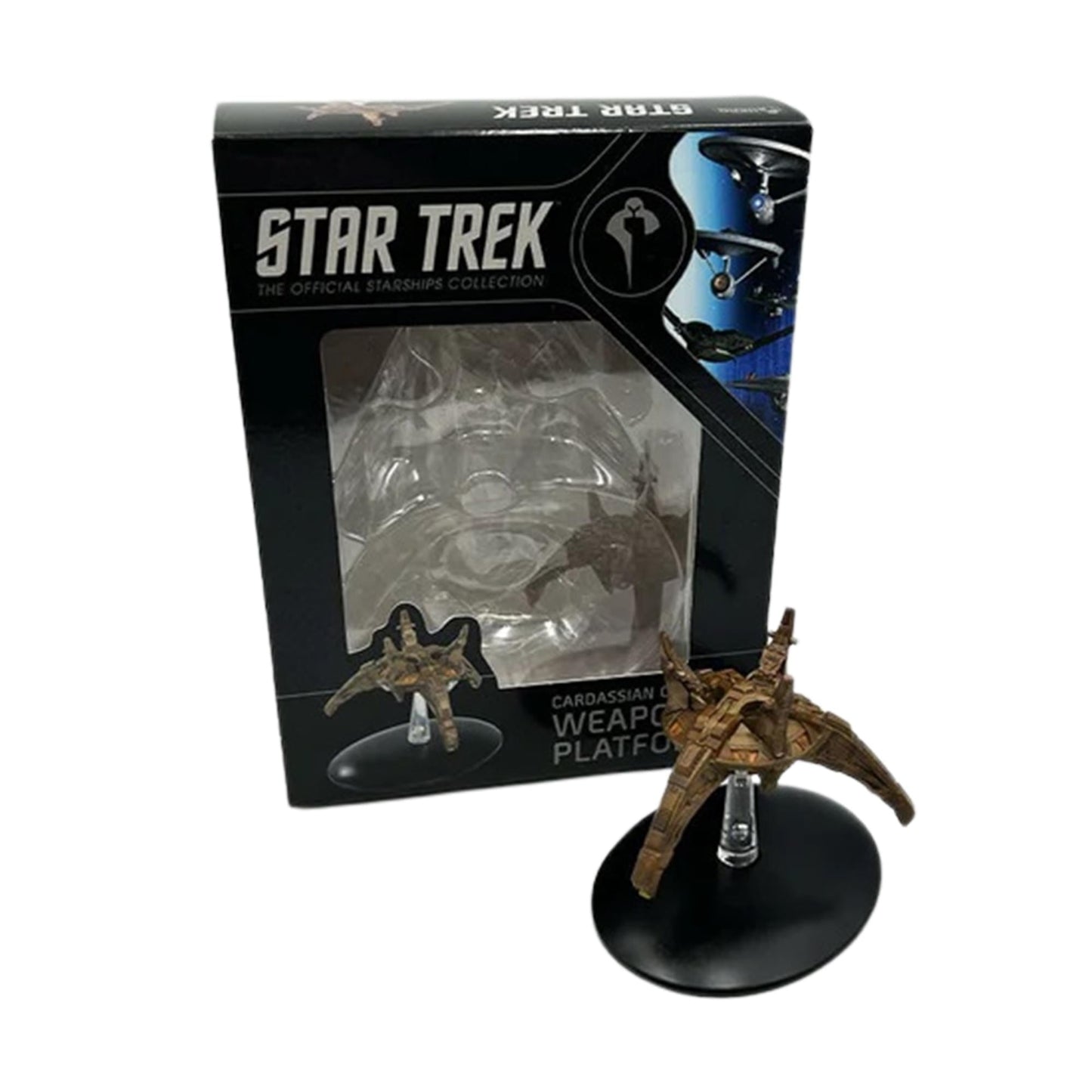 Cardassian weapon platform model displayed on its branded stand against a starlight backdrop